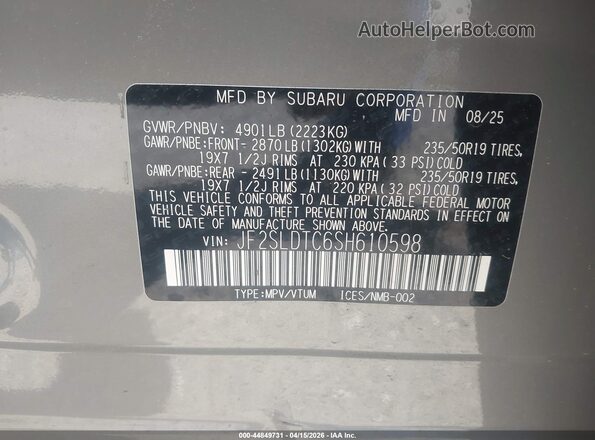 JF2SLDTC6SH610598 2025 SUBARU FORESTER Gray Вид підкапотного простору