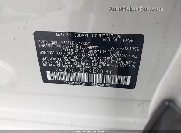 JF2SLSRD2SH450143 2025 SUBARU FORESTER White 