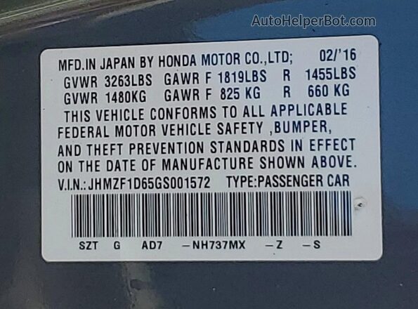 JHMZF1D65GS001572 2016 HONDA CR-Z Purple VIN sticker view