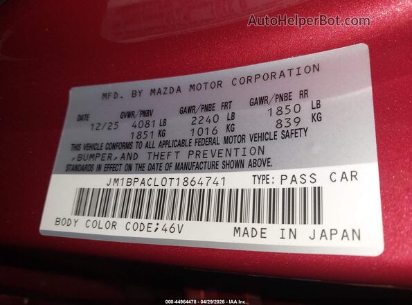 JM1BPACL0T1864741 2026 MAZDA 3 Red Շարժիչի բաժամունքի տեսք