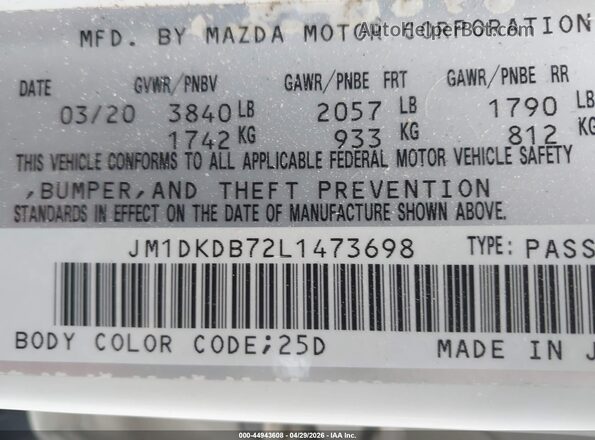 JM1DKDB72L1473698 2020 MAZDA CX-3 White Vista del compartimento del motor