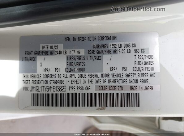 JM1GL1TY5M1613826 2021 MAZDA 6 White Widok komory silnika