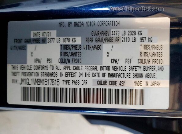 JM1GL1VM8M1617816 2021 MAZDA 6 Blue Vista del compartimento del motor