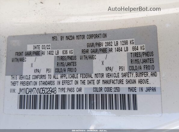JM1NDAM7XN0502948 2022 MAZDA MX-5 MIATA RF White Շարժիչի բաժամունքի տեսք