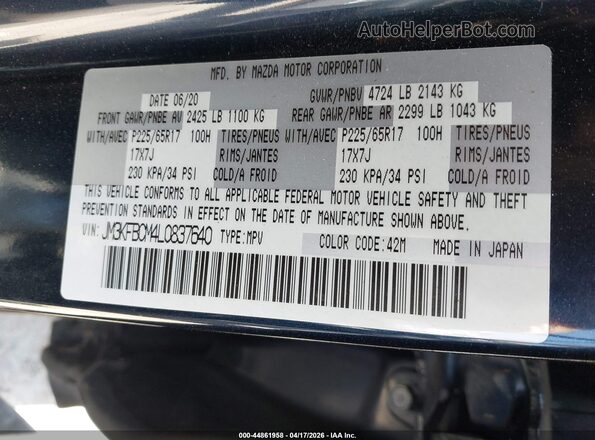 JM3KFBCM4L0837640 2020 MAZDA CX-5 Blue Շարժիչի բաժամունքի տեսք
