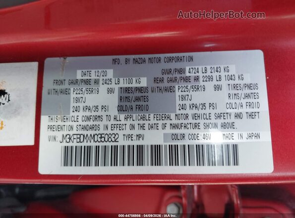 JM3KFBDMXM0350832 2021 MAZDA CX-5 Red Շարժիչի բաժամունքի տեսք