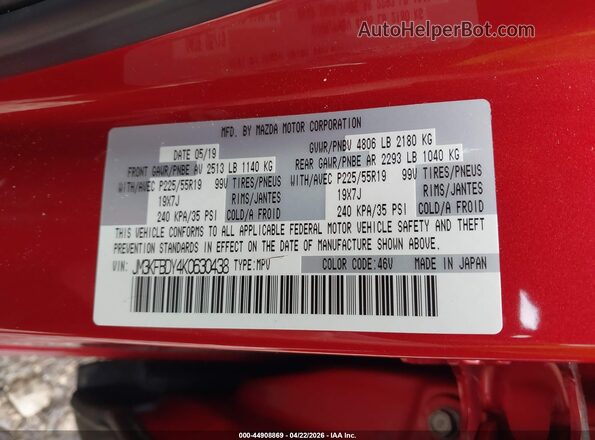 JM3KFBDY4K0630438 2019 MAZDA CX-5 Red Widok komory silnika
