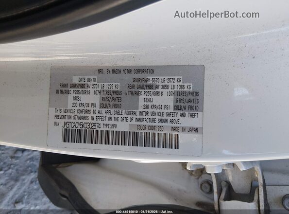 JM3TCACY5K0302874 2019 MAZDA CX-9 White Widok komory silnika