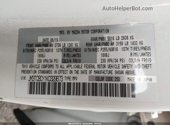 JM3TCBCY1K0329673 2019 MAZDA CX-9 White Widok komory silnika
