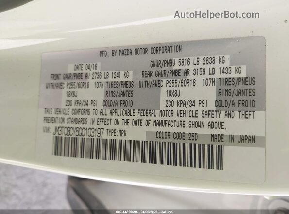 JM3TCBCY6G0103197 2016 MAZDA CX-9 White Widok komory silnika