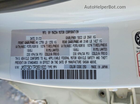 JM3TCBCY7P0651600 2023 MAZDA CX-9 White Vista de la etiqueta del VIN