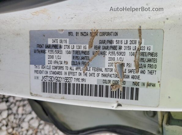 JM3TCBDY9G0116637 2016 MAZDA CX-9 White Widok naklejki z numerem VIN