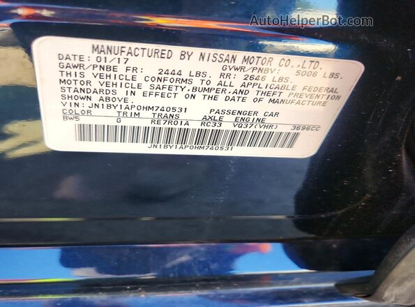 JN1BY1AP0HM740531 2017 INFINITI Q70 Blue VIN კოდის სტიკერის ხედი