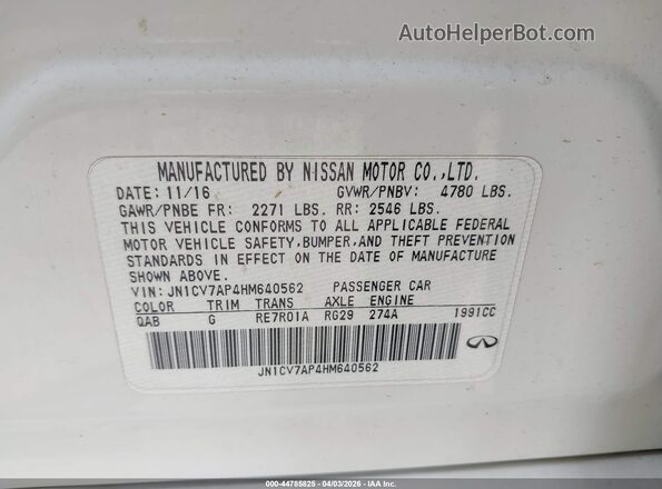 JN1CV7AP4HM640562 2017 INFINITI Q50 White 
