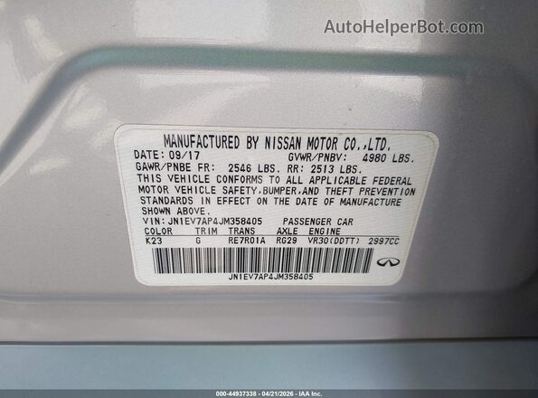 JN1EV7AP4JM358405 2018 INFINITI Q50 Серебряный Вид подкапотного пространства
