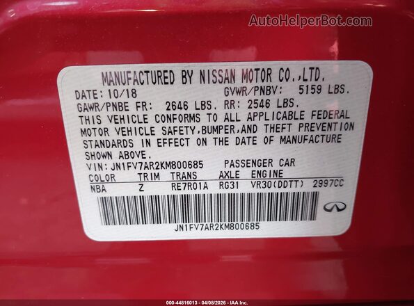JN1FV7AR2KM800685 2019 INFINITI Q50 Красный Вид подкапотного пространства