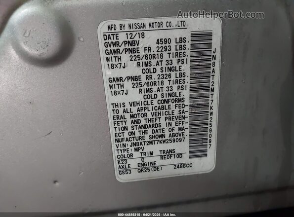 JN8AT2MT7KW259097 2019 NISSAN ROGUE Серебряный Вид подкапотного пространства