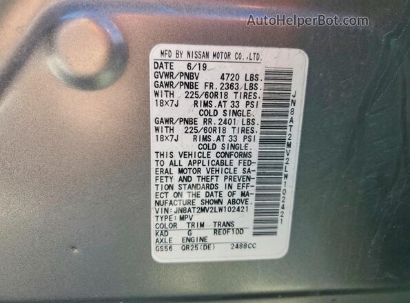 JN8AT2MV2LW102421 2020 NISSAN ROGUE Gray Vista de la etiqueta del VIN