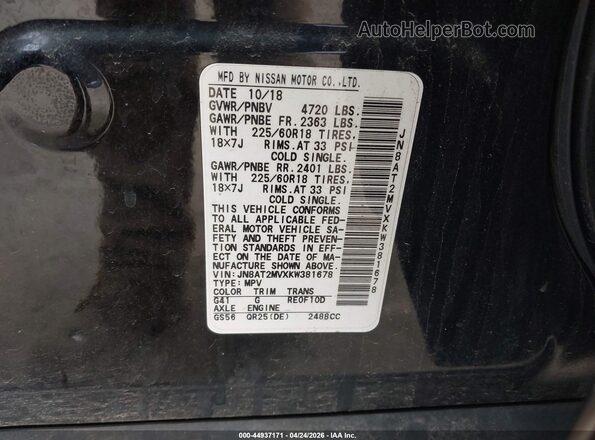JN8AT2MVXKW381678 2019 NISSAN ROGUE Black 