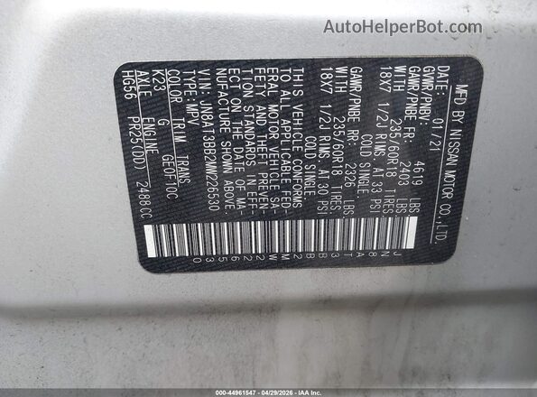 JN8AT3BB2MW226530 2021 NISSAN ROGUE Silver Շարժիչի բաժամունքի տեսք