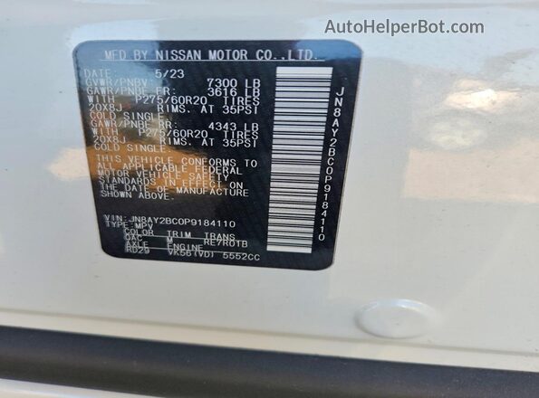 JN8AY2BC0P9184110 2023 NISSAN ARMADA Белый Панорамный вид салона 360°