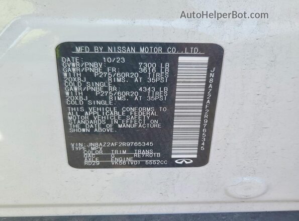 JN8AZ2AF2R9765345 2024 INFINITI QX80 Белый Вид наклейки с VIN-кодом