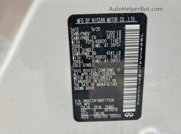 JN8AZ2AFXM9717536 2021 INFINITI QX80 White Widok naklejki z numerem VIN