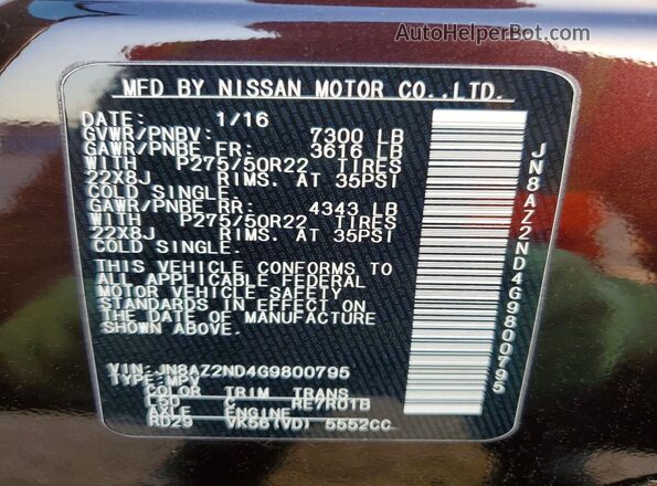 JN8AZ2ND4G9800795 2016 INFINITI QX80 Maroon 