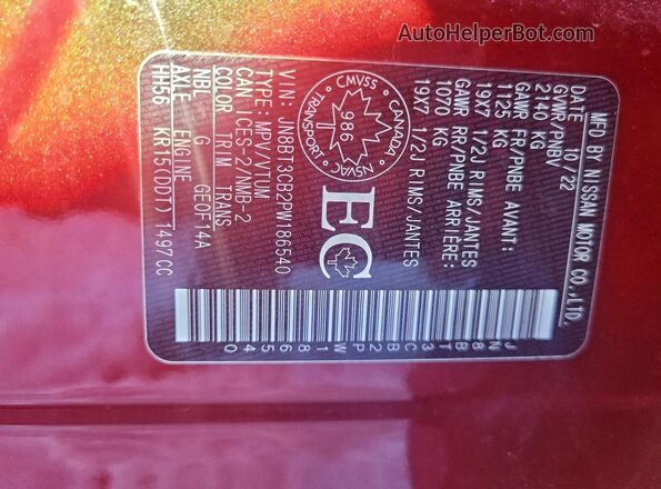 JN8BT3CB2PW186540 2023 NISSAN ROGUE Red Vista de la etiqueta del VIN