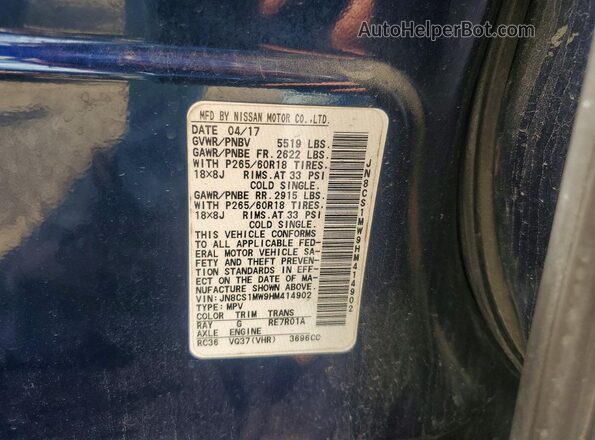 JN8CS1MW9HM414902 2017 INFINITI QX70 Blue Vista del compartimento del motor