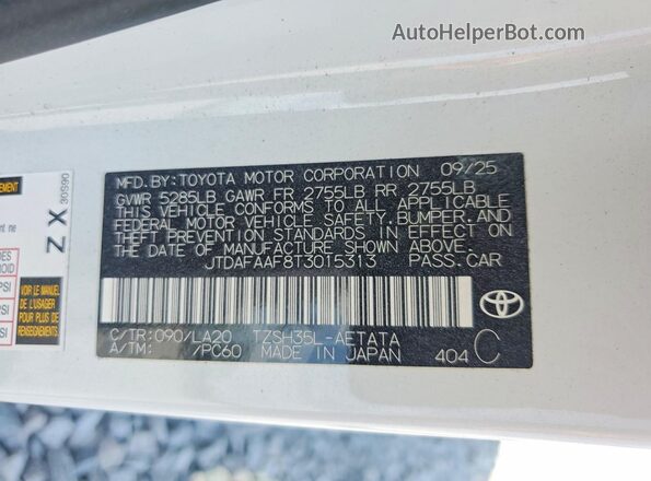 JTDAFAAF8T3015313 2026 TOYOTA CROWN White Vista de la etiqueta del VIN