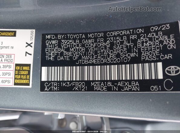 JTDB4MEE0R3020107 2024 TOYOTA LL Blue Vista del compartimento del motor