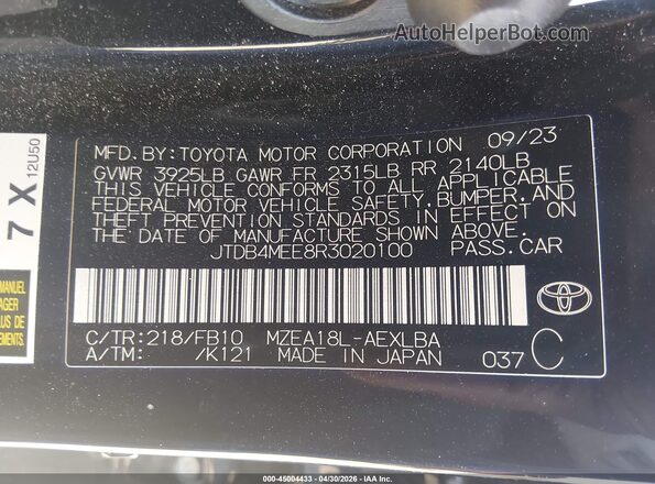JTDB4MEE8R3020100 2024 TOYOTA LL Black ძრავის განყოფილების ხედი