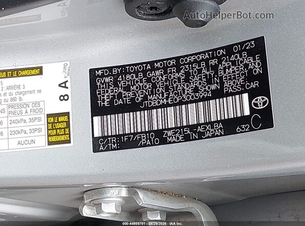 JTDBDMHE0P3003994 2023 TOYOTA LL Silver 