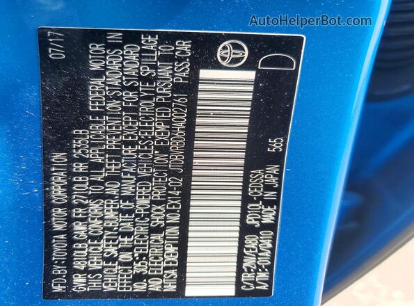 JTDBVRBD6HA002761 2017 TOYOTA MIRAI Blue Widok naklejki z numerem VIN