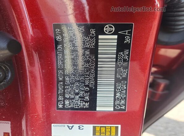 JTDBVRBD6KA007241 2019 TOYOTA MIRAI Бордовый Вид подкапотного пространства