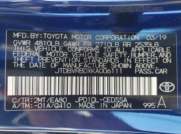 JTDBVRBDXKA006111 2019 TOYOTA MIRAI Blue Շարժիչի բաժամունքի տեսք