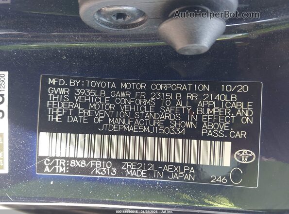 JTDEPMAE5MJ150334 2021 TOYOTA LL Dark Blue Engine compartment view