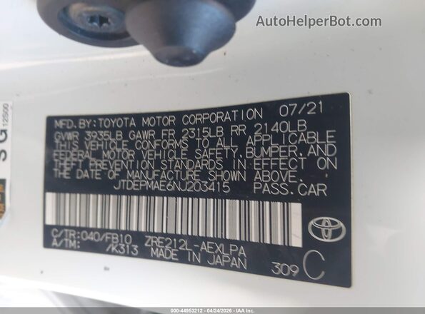 JTDEPMAE6NJ203415 2022 TOYOTA LL White ძრავის განყოფილების ხედი