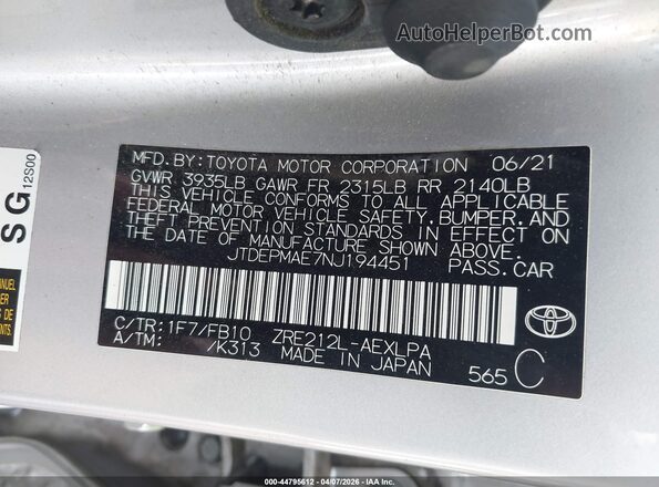 JTDEPMAE7NJ194451 2022 TOYOTA LL Silver 