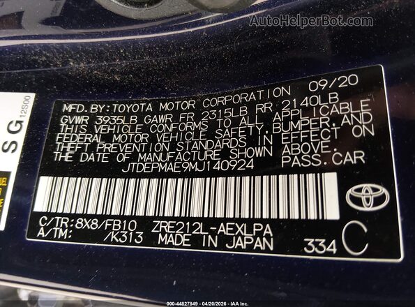 JTDEPMAE9MJ140924 2021 TOYOTA LL Blue ძრავის განყოფილების ხედი