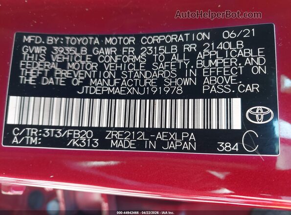 JTDEPMAEXNJ191978 2022 TOYOTA LL Burgundy 