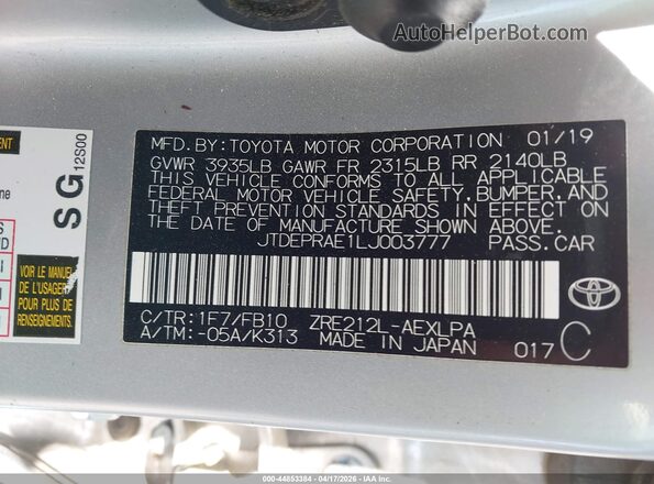 JTDEPRAE1LJ003777 2020 TOYOTA LL Silver ძრავის განყოფილების ხედი