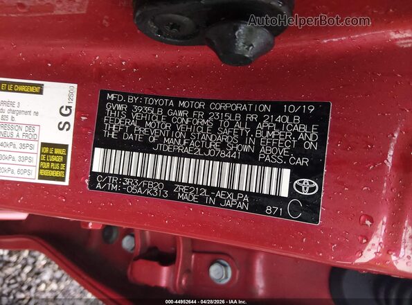 JTDEPRAE2LJ078441 2020 TOYOTA LL Red Engine compartment view
