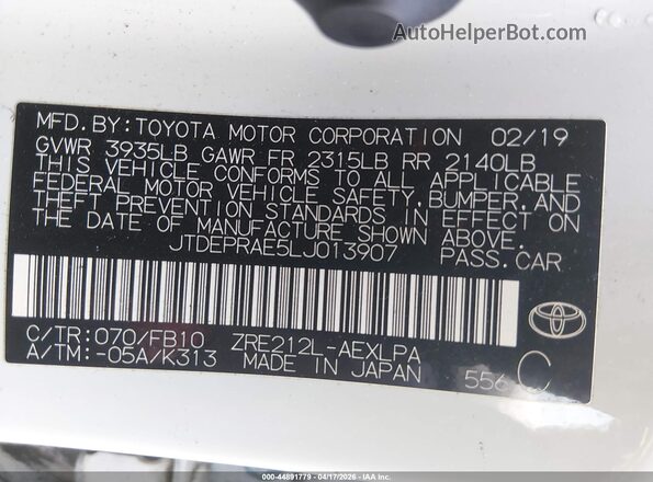 JTDEPRAE5LJ013907 2020 TOYOTA LL Белый Вид подкапотного пространства