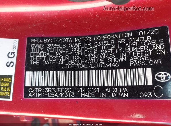 JTDEPRAE7LJ103446 2020 TOYOTA LL Red ძრავის განყოფილების ხედი