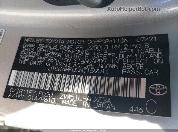 JTDKAMFU0N3159016 2022 TOYOTA LE Silver 
