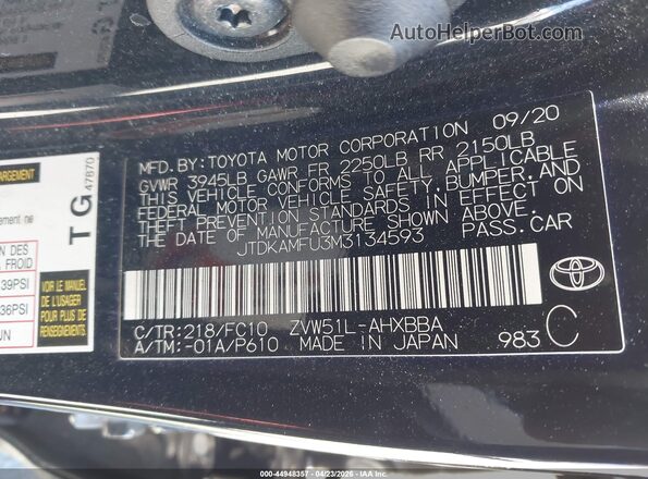 JTDKAMFU3M3134593 2021 TOYOTA PRIUS Black Вид підкапотного простору