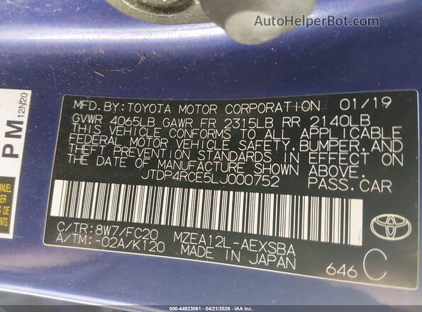 JTDP4RCE5LJ000752 2020 TOYOTA LL Blue Engine compartment view