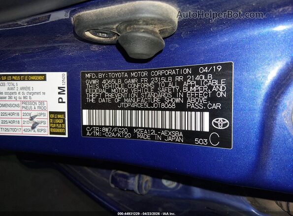 JTDP4RCE5LJ018068 2020 TOYOTA LL Blue Vista del compartimento del motor